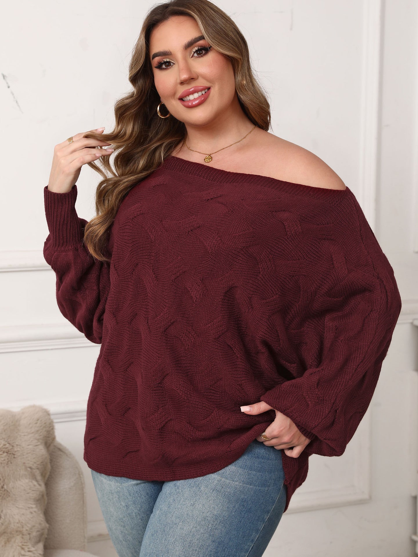 Plus Size Women's Sexy Off-shoulder Batwing Sleeve Loose Pullover