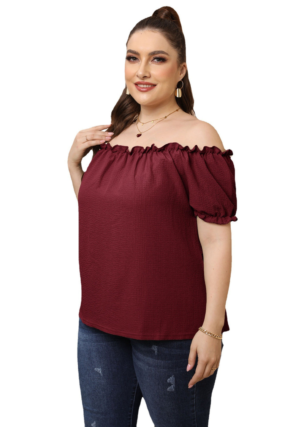 Plus Size Women's Clothing European And American Style Ruffled Off-shoulder Top