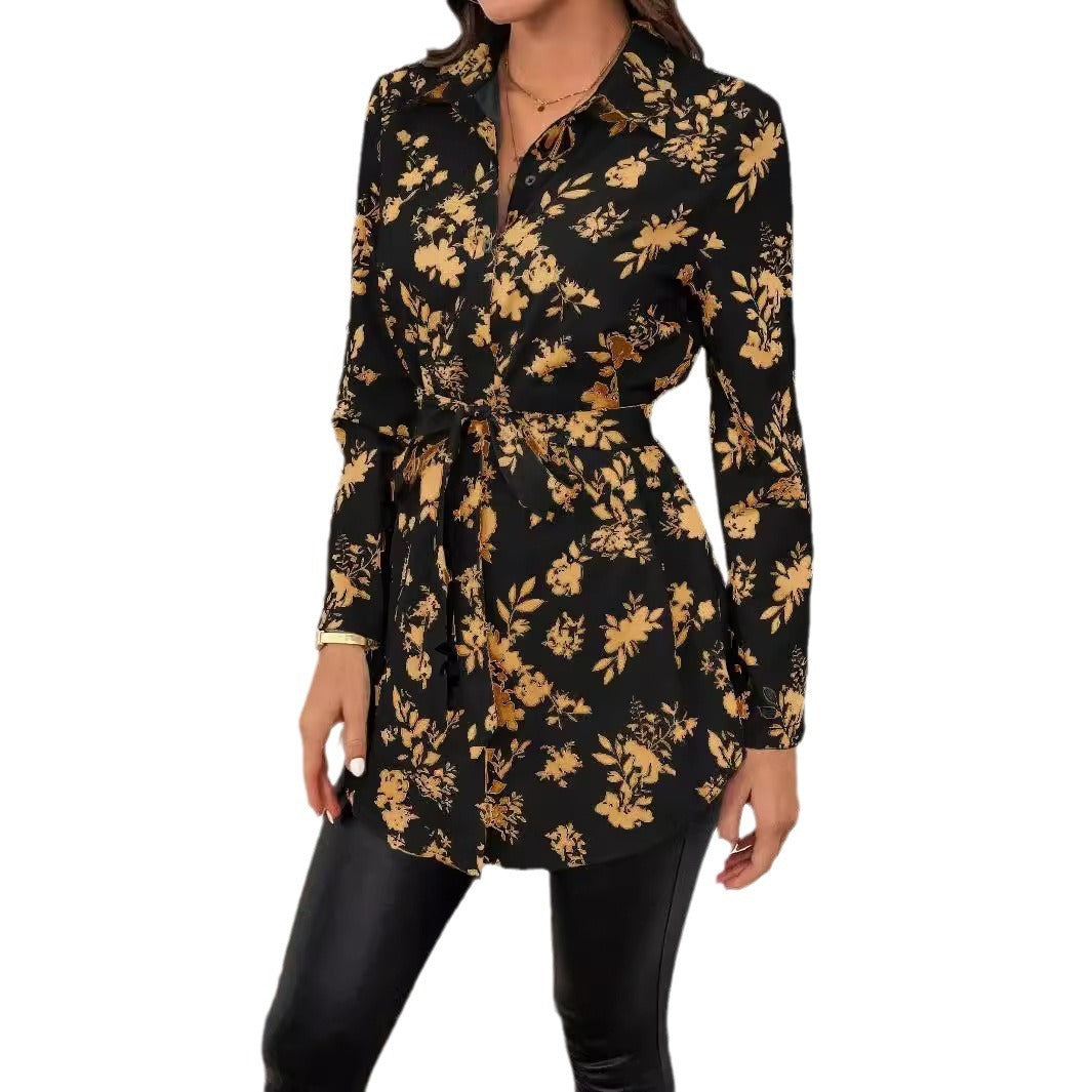 Spring And Summer New Elegant Women's Floral Print Belt Long Sleeve Shirt