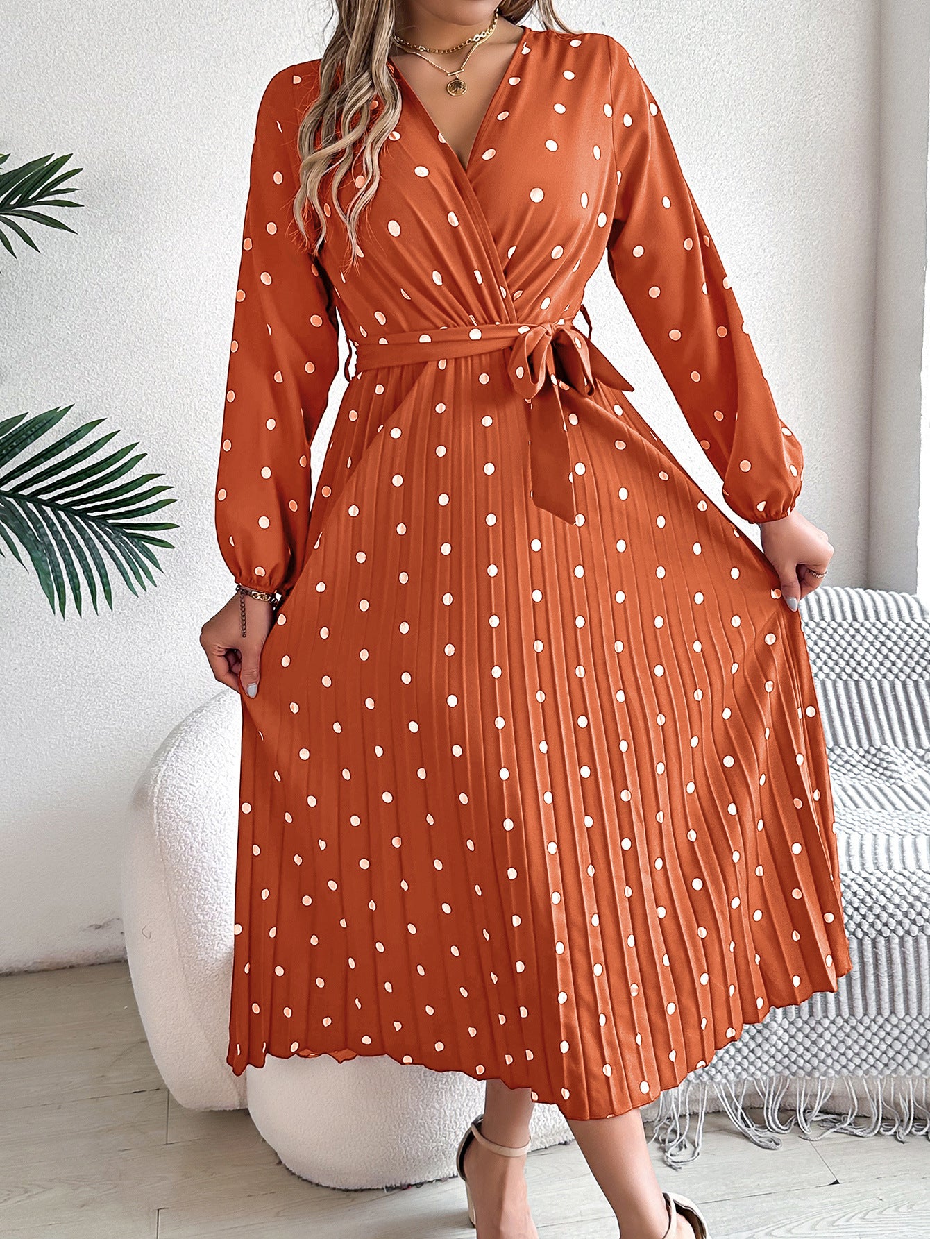 Spring Summer Elegant Long Dress Cross V-Neck Contrast Polka Dot Long Sleeve Pleated Bridesmaid Dresses