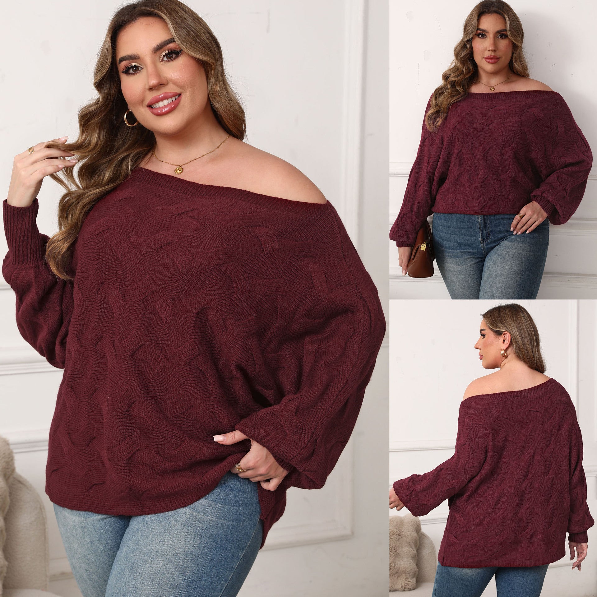 Plus Size Women's Sexy Off-shoulder Batwing Sleeve Loose Pullover