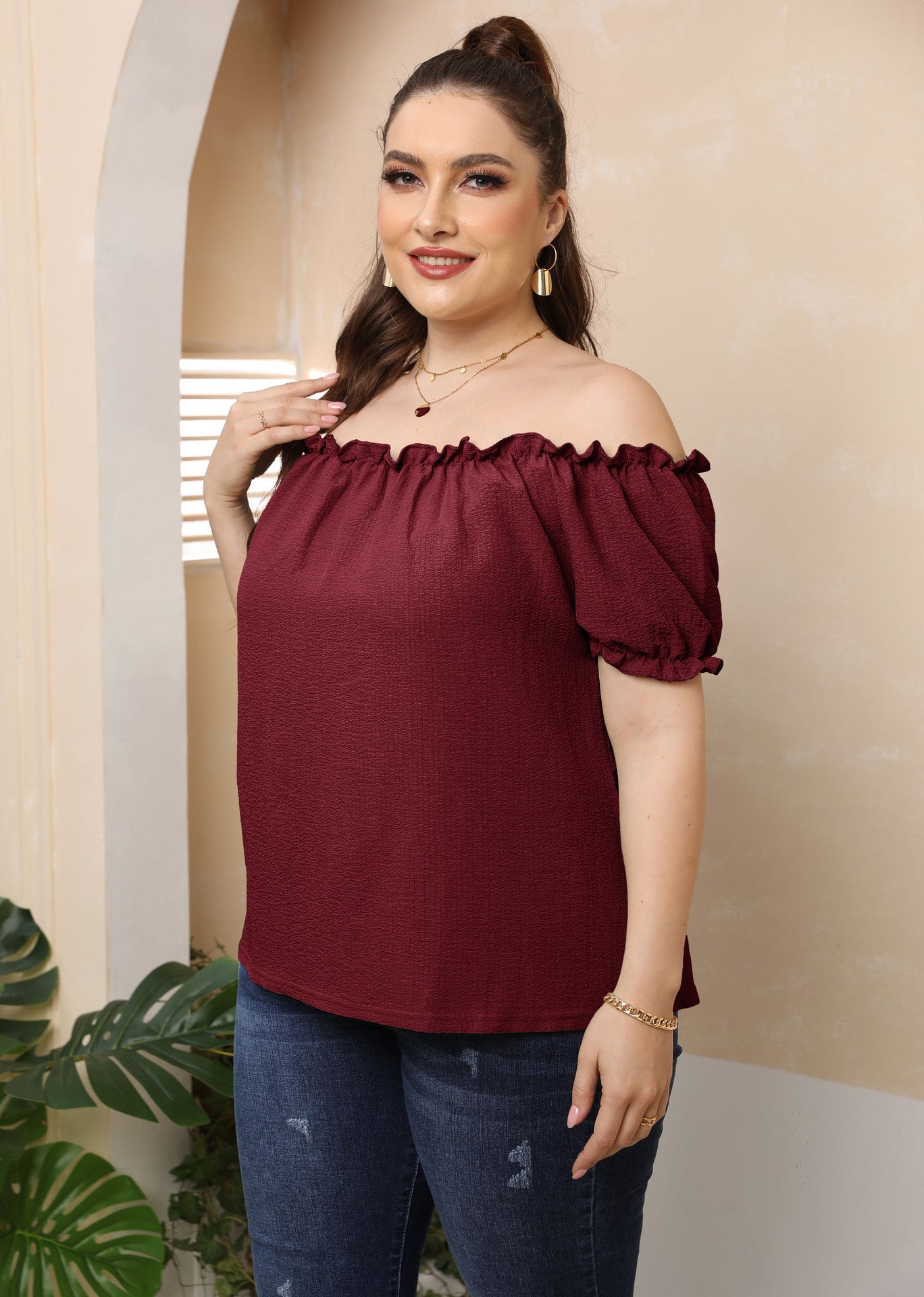 Plus Size Women's Clothing European And American Style Ruffled Off-shoulder Top