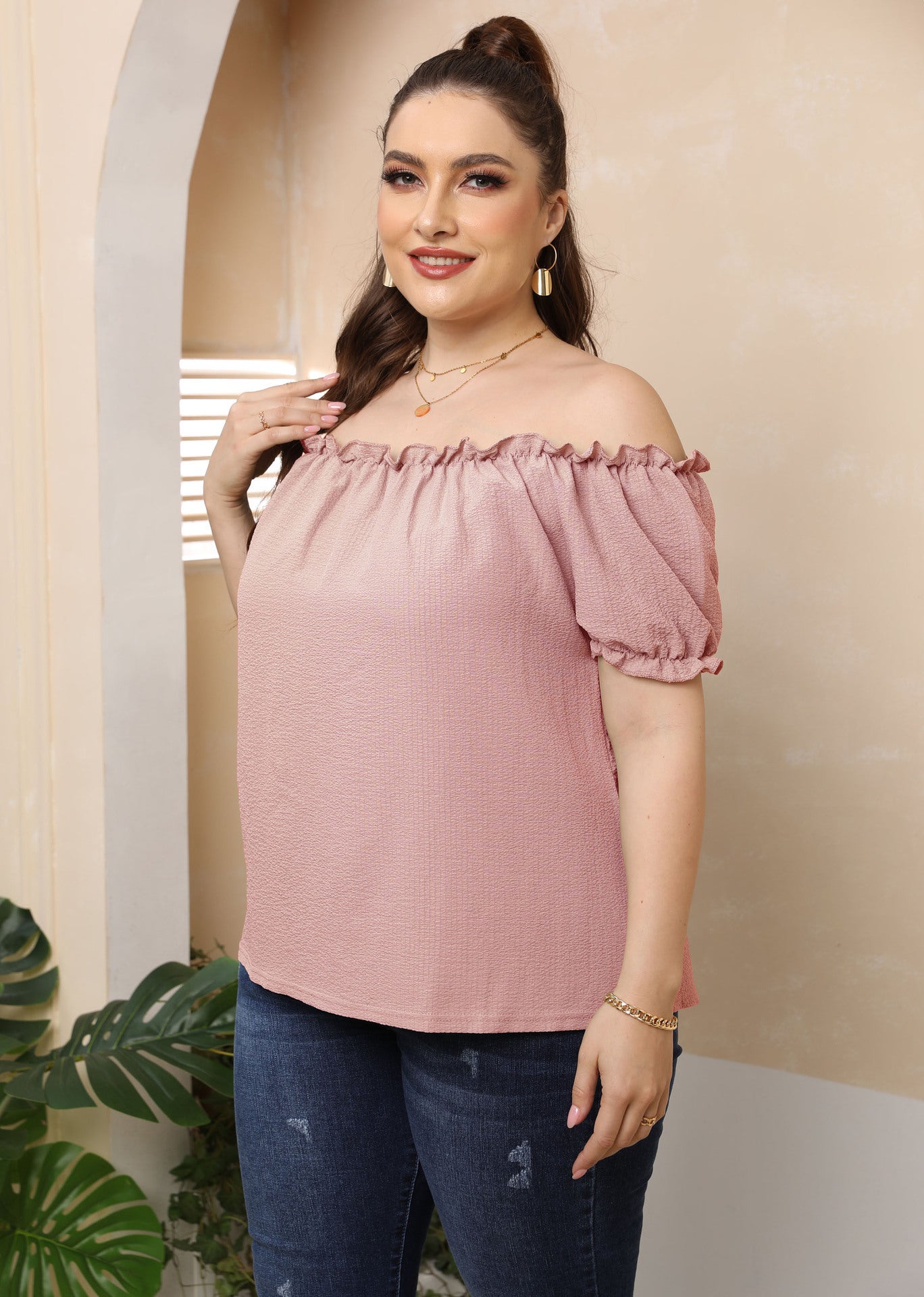 Plus Size Women's Clothing European And American Style Ruffled Off-shoulder Top