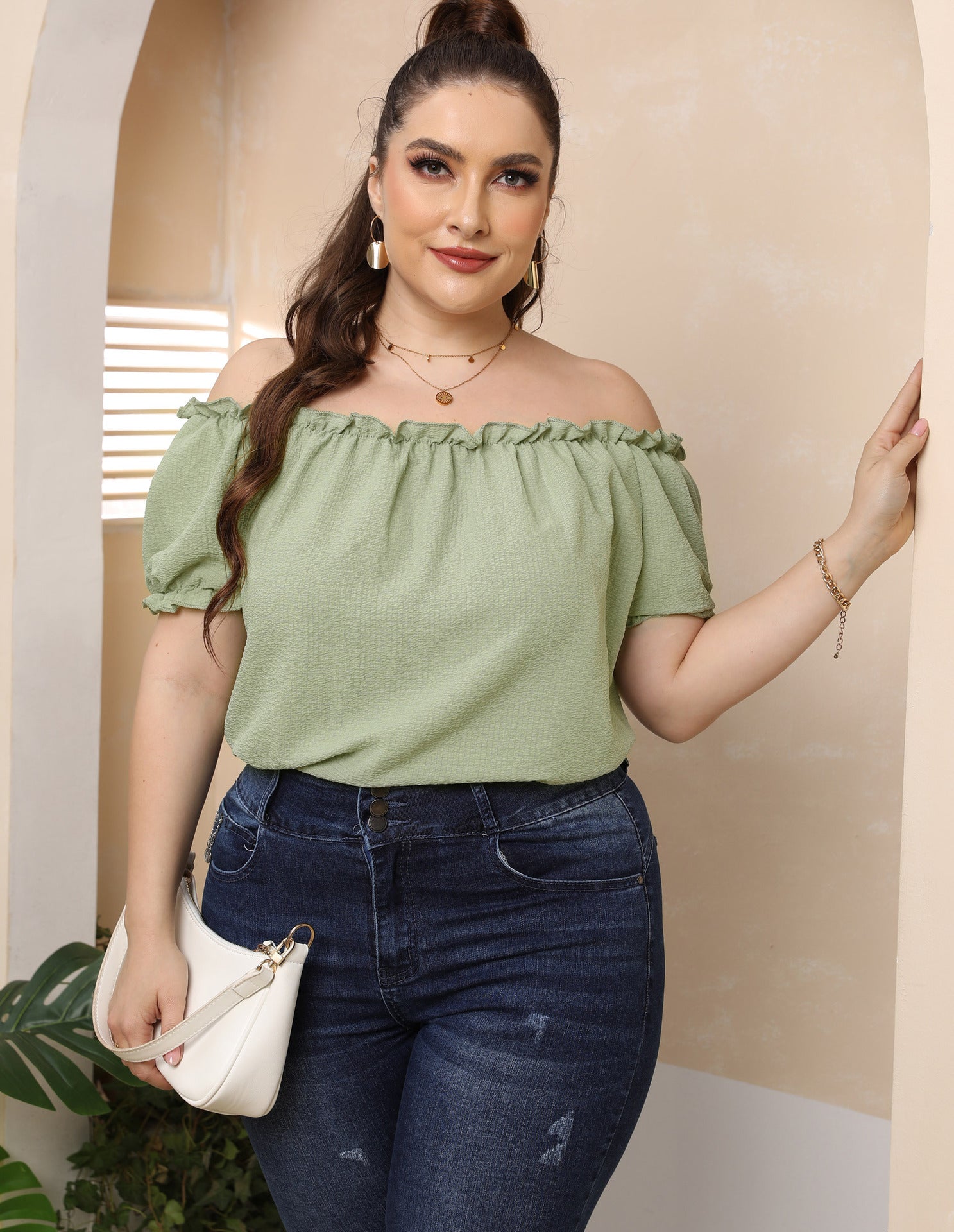 Plus Size Women's Clothing European And American Style Ruffled Off-shoulder Top