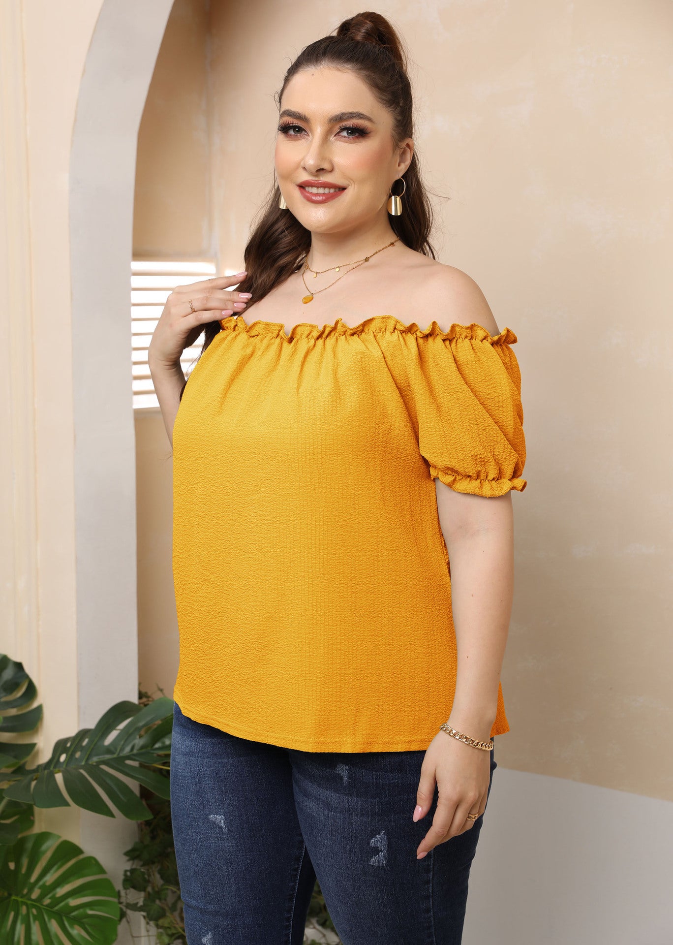 Plus Size Women's Clothing European And American Style Ruffled Off-shoulder Top
