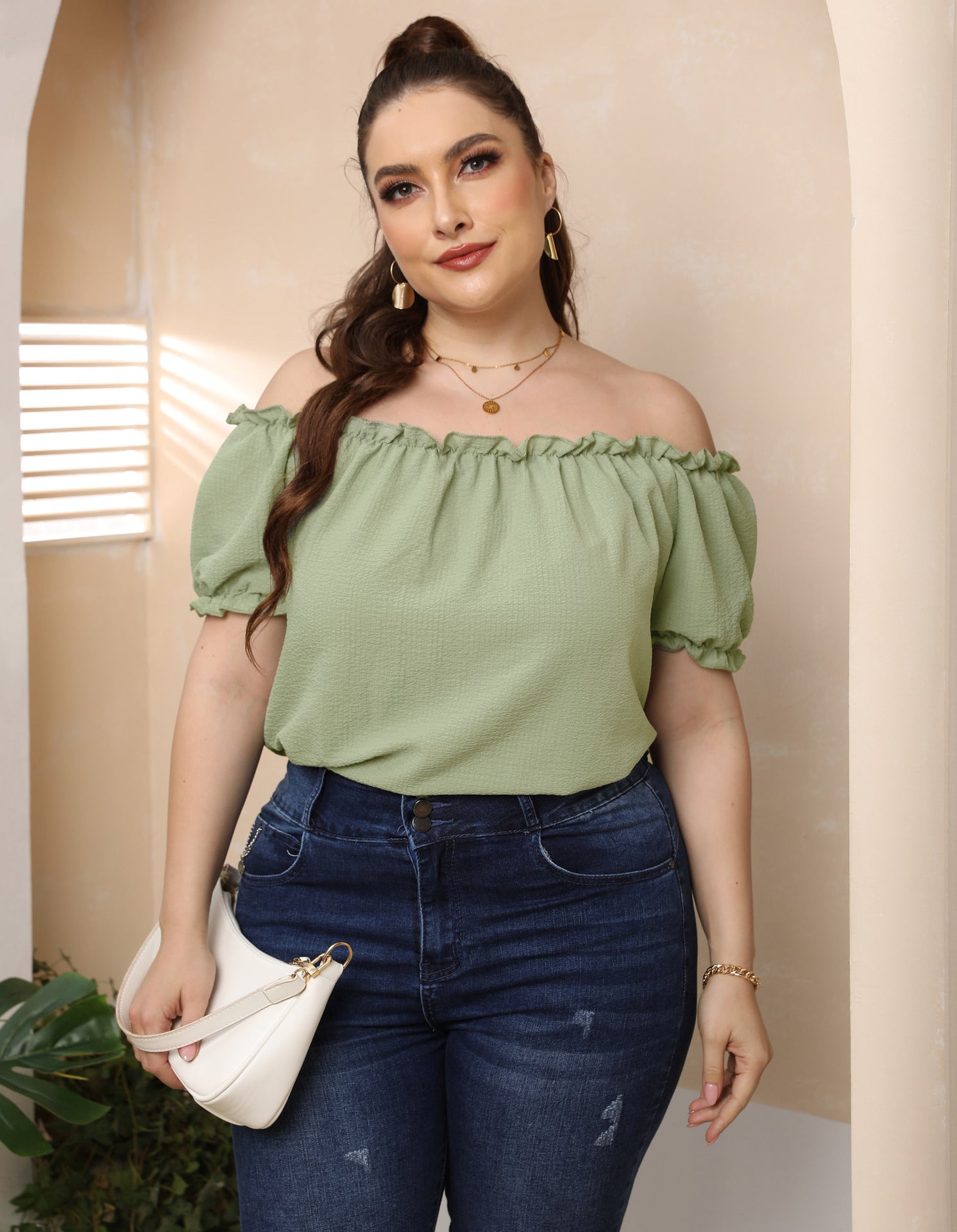 Plus Size Women's Clothing European And American Style Ruffled Off-shoulder Top