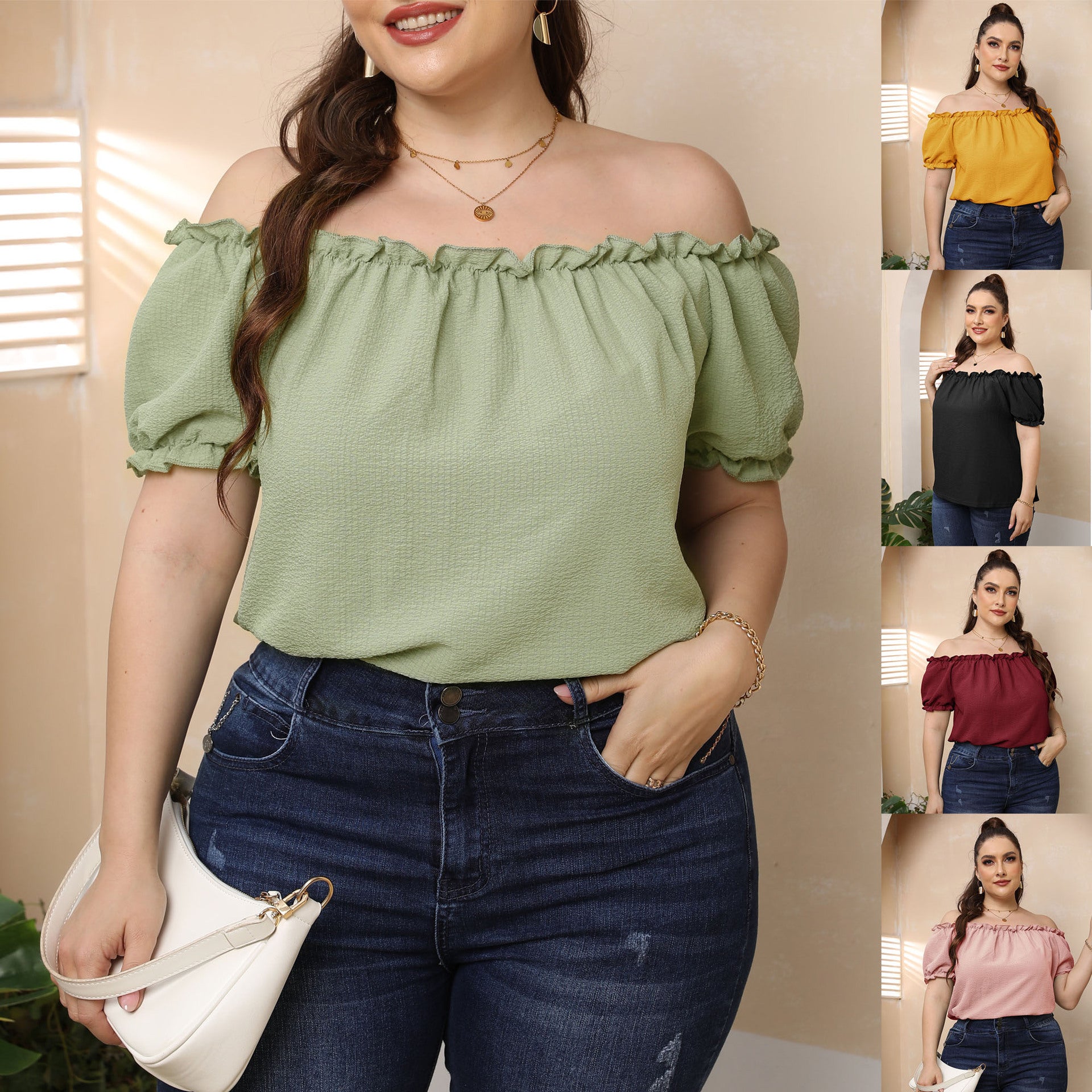 Plus Size Women's Clothing European And American Style Ruffled Off-shoulder Top
